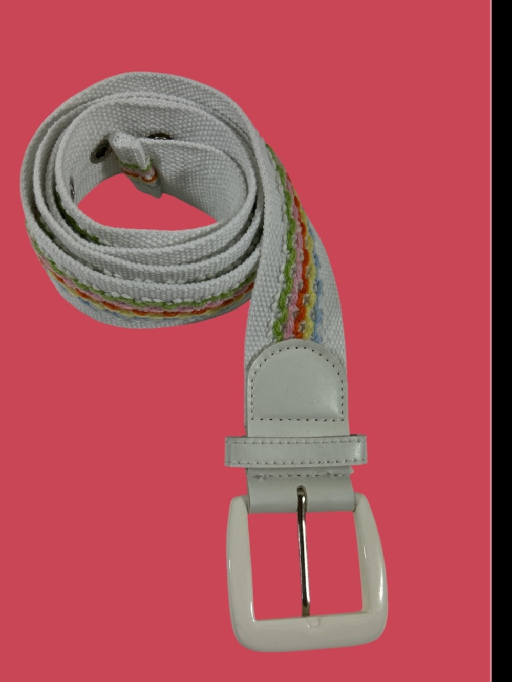Boutique Boho Embroidered Canvas Belt White Rainbow Stripes‎ Size 13